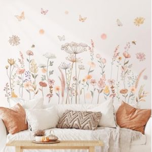 DECOWALL SG2-2421 Stickers muraux aquarelles Boho Flowers D&eacute;coration d'int&eacute;rieur Fleurs sauvages Floral Pissenlit Herbe Plantes B&eacute;b&eacute; Chambre de b&eacute;b&eacute; Filles Chambre d'enfants Salon Abeille Boh&egrave;me (FR DECOWALL, neuf)