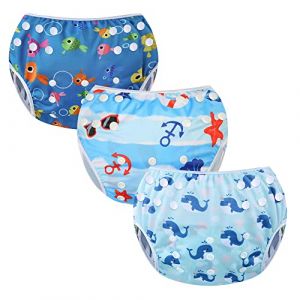 Codkkre Couche Piscine Lavable Couche de Bain BéBé Maillot Couche Piscine Imperméable Réutilisable Tente Ajustable Anti-fuite anti uv 0-3 Ans(Poisson + Plage + Baleine) (Codkkre EU, neuf)