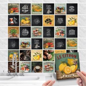 Lot de 36 Pcs Stickers Carreaux Muraux Cuisine - Autocollants Carrelage - Carrelage Vintage - Retro Stickers Muraux Décoratif Auto-Adhésif pour Cuisine Salle de Bains Mur (A, 10x10cm) (Time Singer, neuf)