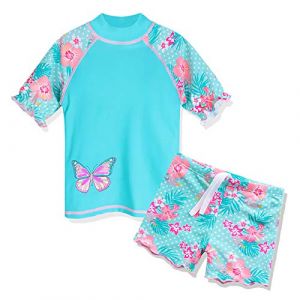 HUAANIUE Filles Enfants Maillot de Bain 2 Pi&egrave;ces Enfants Filles Plage Combinaison de Bain &agrave; Manches Courtes 2-12 Ans (S274-Cyan, 2-3 Ans) (HUANQIU EUR STORE, neuf)