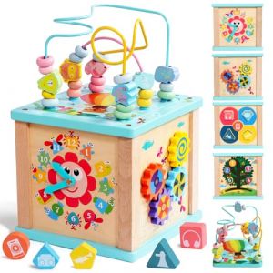 Fajiabao Cube d'Activité Bébé Jouet Bebe 1 an, Jouets Éveil Montessori 1 2 3 Ans, Cadeau Noel Enfant Garçon Fille, 5 en 1 Jeux Bebe en Bois avec Labyrinthe de Perles et Horloge (Raykinn, neuf)