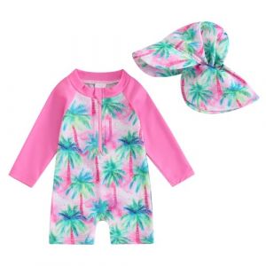 Maillot de Bain Une Pièce Enfant Bébé Fille Zippé à Manches Longue Anti-UV avec Chapeau (Rose Arbres, 2-3 Years) (La Vie Brillante, neuf)