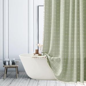 Rideau de douche extra long en tissu de lin &eacute;pais textur&eacute; avec pompons &ndash; Rideau de douche &agrave; rayures vert sauge de style boh&egrave;me pour salle de bain, 180 x 210 cm (HELLOOURHOME, neuf)