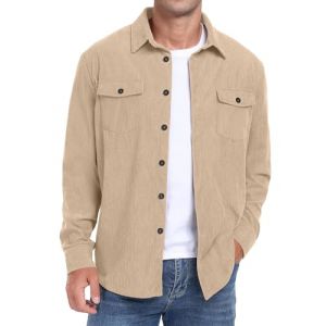 QIXING Chemise boutonnée en velours côtelé à manches longues pour homme - Veste de camionneur d'automne et d'hiver avec poches à rabat, kaki clair, XXL (shangguanguk, neuf)