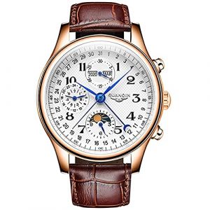 Guanqin Montre m&eacute;canique multifonction &agrave; remontage automatique en cristal saphir pour homme - Phase de lune - Calendrier perp&eacute;tuel - &Eacute;tanche - Bracelet en acier inoxydable ou en cuir, Rose Blanc (jdlermy store, neuf)