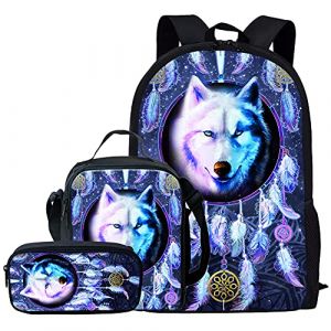 Kuiaobaty Ensemble cartable 3 en 1 pour filles et garçons avec sac à déjeuner et trousse à crayons pour collège, Attrape-rêves Loup, Taille unique, Moderne (kuiaobaty, neuf)
