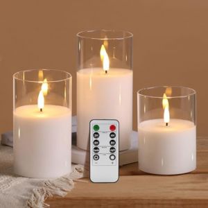 Eywamage Lot de 3 bougies LED sans flamme en verre transparent avec t&eacute;l&eacute;commande, piles blanches (Amhui Candles, neuf)