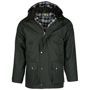 Romneys Veste cir&eacute;e Country - Veste d'ext&eacute;rieur classique anglaise en coton cir&eacute; imperm&eacute;able et coupe-vent - Veste de pluie robuste avec capuche pour homme et femme, Olive, XXXXL (ROMNEYS, neuf)
