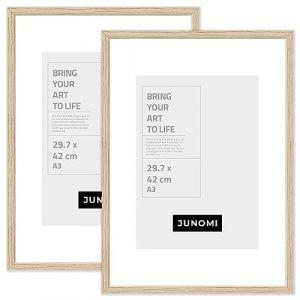 JUNOMI® 2 x Cadre photo DIN A3 bois | Couleur chêne | Cadre photo 29,7 x 42 cm avec verre plexi incassable | Cadre photo bois (kizibi, neuf)