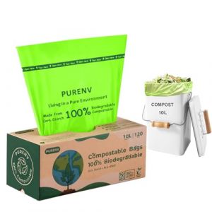 PURENV 10L Compostable Sac Poubelle, 120 Sachets Biodégradables à Déchets, 100% compostable et biodégradable, acec Certifié EN13432 (PURENV, neuf)