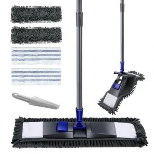 Myiosus Balai Serpillère Rotatif à 360°, Balai Serpillere Plat avec Télescopique Manche et 4 Serpillère Tampons en Microfibre et Chenille Lavables, Vadrouille de Nettoyage de Sol Sec & Humide (Aone-EU, neuf)