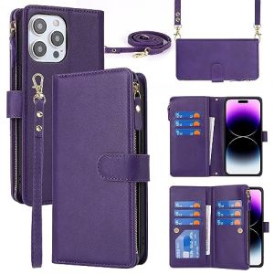 Cavor Coque Compatible avec iPhone 15 Pro Max Etui avec Cordon,Flip Portefeuille &Eacute;tui Cuir,[9 Porte Cartes][Double Boucle],Protection Housse &eacute;tui Compatible avec iPhone 15 Pro Max - Violet (Copmob, neuf)