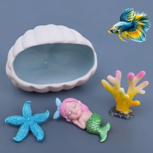 Lot de 4 d&eacute;corations d'aquarium sur le th&egrave;me de l'oc&eacute;an : grotte de coquillages en c&eacute;ramique, corail en r&eacute;sine et &eacute;toile de mer, jolie figurine de sir&egrave;ne &ndash; Cachette et ornement pour poissons Betta (SuperSpring, neuf)