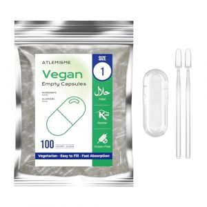ATLEMISME Gélules Vides Végétales Taille 1 - Lot de 100 avec 2 Cuillères - Sans Gélatine - Gélules Faciles à Remplir et à Dissoudre Rapidement - Idéales pour Compléments Alimentaires et Poudres (ATLEMISME, neuf)
