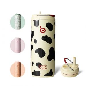 bottlebottle Gourde en acier inoxydable avec paille, 500 ml, sans BPA, couvercle anti-fuite, idéale pour l'école, le bureau, la randonnée et les excursions (motif de vache) (bottlebottle Inc, neuf)
