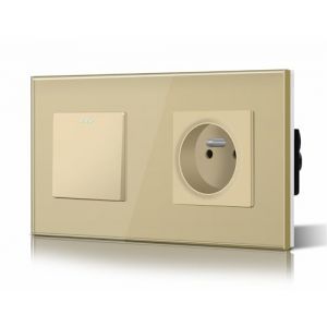 BSEED Interrupteur &agrave; Bascule Interrupteur Verre et 16A AC Prise standard fran&ccedil;ais Vitre en Verre 1 Gang 2 voie Interrupteur Mural Or (Bseed-EU, neuf)