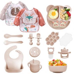 Bizcasa Coffret Repas Bebe 14 pièces, Vaisselle Antiderapant pour Bébé Set Silicone avec Ventouse Assiette Bol Fourche Cuillère Bavoir et Tasse, Assiette Enfant Set, Sans BPA (14pcs-Beige) (Kidtvan XP Kft., neuf)