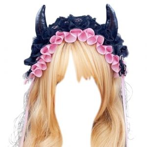 alloneslife Bandeau d'oreille en forme de corne de diable pour femme - Bandeau plissé en dentelle - Pour Halloween, photographie - Rose (JINGYIKEJIGS, neuf)