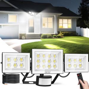 Viugreum Projecteur LED 100W avec D&eacute;tecteur de Mouvement, Projecteur LED Ext&eacute;rieur 10000LM avec T&eacute;l&eacute;commande, Spot &agrave; Trois T&ecirc;tes 6500K pour Ext&eacute;rieur, IP66 R&eacute;sistant &agrave; l'eau, Garage, Patio (Viugreum-EU, neuf)