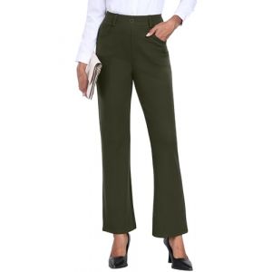GRECERELLE Pantalon pour femme extensible Pantalon de bureau Pantalon de yoga Taille &eacute;lastique Pantalon droit d&eacute;contract&eacute; Pantalon de travail pour femme UK Pantalon de yoga avec poches, vert militaire (Hisir, neuf)