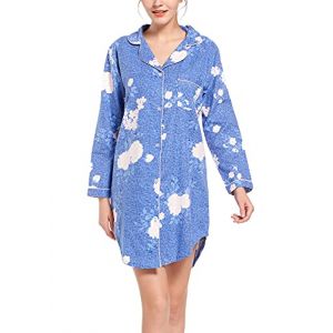 CHUNG Chemise de nuit &agrave; manches longues boutonn&eacute;e pour femme - Chemise de nuit &agrave; carreaux - Motif tartan - Flanelle et coton, Pivoine bleue., L (CHUNG Underwear, neuf)