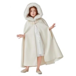 BEAUTELICATE Cape &agrave; Capuche Enfant Avec Fourrure Manteau Longue En Laine De Fille Pour Mariage Hiver F&ecirc;te C&eacute;r&eacute;monie Halloween No&euml;l Princesse D&eacute;guisement Blanc 10-12 Ans (BEAUTELICATE-FR, neuf)