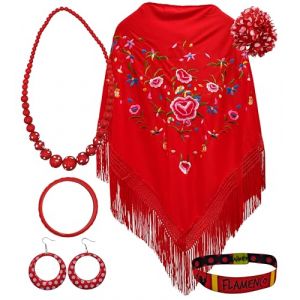 Ch&acirc;le de Manille avec accessoires : ch&acirc;le de Manille avec fleurs brod&eacute;es, pince &agrave; cheveux fleur, collier, bracelet et boucles d'oreilles flamant rose et bracelet en tissu., Rouge - Fleur, L (TopComercial, neuf)