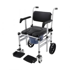 Chaise percée pliante, chaise de douche à roulettes réglable en hauteur, chaise de nuit mobile, avec siège rembourré et seau, jusqu'à 150 kg (forme de O) (Invedos, neuf)