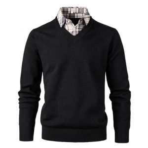 Btmpmcs Pull en Tricot avec col en V pour Homme Classiques Manches Longues Pull en Sweat avec Faux col de Chemise Automne Hiver Pull-Over Sweaters (NuodanShop, neuf)