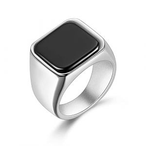 Joliernelle Bague Onyx Noir Homme en Acier Inoxydable Chevalière Argent Taille 64 (Joliernelle Jewelry, neuf)