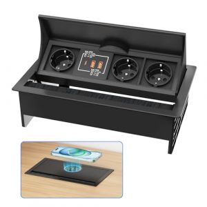 Ohuo Prise Encastrable Rétractable avec Chargeur sans Fil 15W, Multiprise Encastrable 3 Prises avec Ports 2 USB et USB C, Câble 2m (Ohuo-JM, neuf)