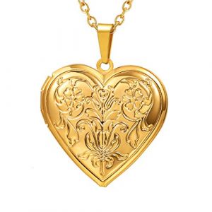 U7 Collier Femme Médaillon pour Photo Plaqué Or Jaune Chaîne Pendentif Doré Ouvrable avec Motif Fleurs (HMDEU, neuf)