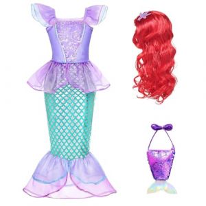 Cnexmin Fille Robe de Princesse Sirène Déguisement Ariel Petite Sirène Ariel Costume et Accessoires Fête Costume Halloween Noël Partie Carnaval Cosplay Enfant Robe de Soirée，W-140cm (TOP BENEFIT LIMITED, neuf)