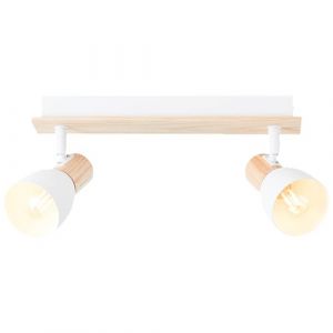 Lightbox barre de spot à 2 flammes - spot de plafond scandinave avec têtes pivotantes - longueur 37 cm - douille E14 - max. 28 W - en métal/bois de peuplier - en blanc/beige (Lightbox-Shop, neuf)