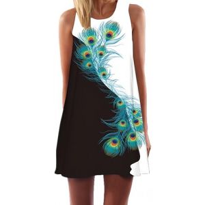 Ocean Plus Femmes Été Mini sans Manches Coloré Tops Robes Paon Robes De Plage Court A-Line Robe sans Manches Robe De Temps (XL (EU 40-42), Plumes de Paon Noires et Blanches) (Ocean Plus, neuf)