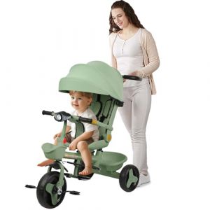 Poussette Bebe Légère et Compacte, Tricycle de Bébé, Tricycle Enfants évolutif, lumière,Musique,Assis,réclinable,Garde-Corps Amovible,Porte-gobelet, Vert (Willanmd, neuf)