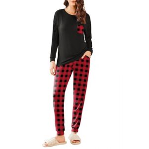 Ekouaer Pyjama Femme Hiver V&ecirc;tements De Nuit Chaud Pyjama 2 Pi&egrave;ces Cordon de Serrage &agrave; La Taille et Poche Carreaux, Rouge &agrave; Carreaux, XL (Ekouaer EU, neuf)