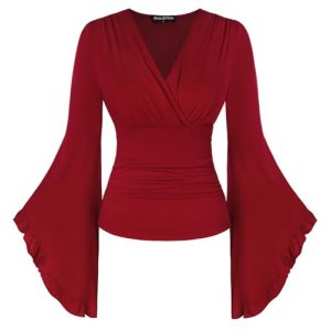 SCARLET DARKNESS Chemisier corsage Renaissance pour femme, col en V, chemisier m&eacute;di&eacute;val, cache-c&oelig;ur, Bordeaux, L (VOG'S Secret EU, neuf)