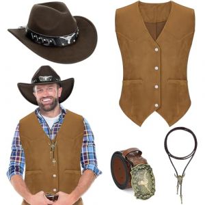 Ensemble de 4 Pi&egrave;ces Tenue Western pour Homme &ndash; Gilet Cowboy en Su&eacute;dine, Chapeau, Cravate Bolo et Ceinture avec Boucle pour D&eacute;guisement Halloween (Marron, L) (Malloom store, neuf)