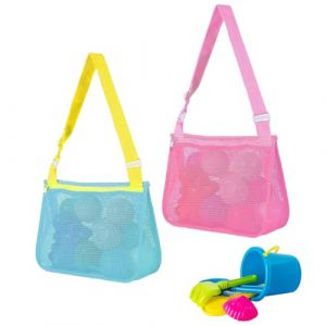VPOUERY 2 Pièces Portable sac de Plage Enfant,Sac Plage Enfant Jouet,Sac en Filet Pliant,Maille Filet de Rangement,Pour Natation Voyage de Plage (Ruban Bleu Clair et Jaune,Rose) (VPOUERY, neuf)