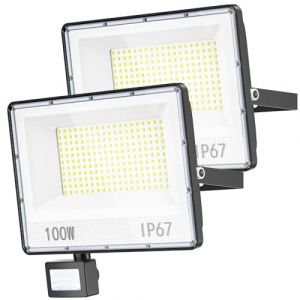 YIQIBRO 100W Projecteur LED Exterieur Detecteur de Mouvement 2 Pièce, 10000LM 7000K Blanc Froid Spot LED Extérieur Detecteur de Mouvement, Eclairage Exterieur avec Détecteur IP67 pour Jardin,Terrasse (MOHUI, neuf)