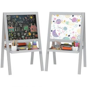 AIYAPLAY Chevalet enfant double face avec tableau blanc et tableau noir, étagères de rangement intégrées, chevalet peinture enfant pour 18 à 48 mois, gris (Aosom FR, neuf)