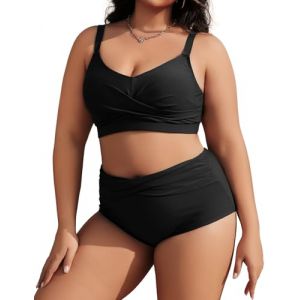 Tuopuda Maillot de Bain Gainant Ventre Plat Deux Pièces Ensembles Bikini Set 2 Pieces Couleurs Unies Haut de Maillot de Bain avec Culotte Taille Haute Swimsuit, Noir, L (GHF-Direct, neuf)