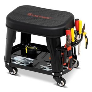 COSTWAY Tabouret d'Atelier Roulant avec Rangement, Siège de Mécanicien Amovible avec Plateau d'Equipement Porte-Outils Charge 136 kg, pour Garage Atelier, Noir (FDS GmbH, neuf)