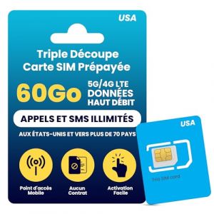 Carte SIM Prépayée Physique H2O Wireless 30 Jours USA avec 60 Go de Données 4G LTE/5G Haute Vitesse et 5 Go de Point d'Accès Mobile, Appels et Textos des États-Unis vers Plus de 70 Pays, Carte SIM US (JZN Market, neuf)