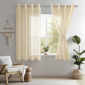 DWCN Lot de 2 Rideaux Voilages à Oeillets pour Fenêtre, Rideau Transparents avec Embrasses pour Salon Chambre d'enfant, Beige, 140x137cm (Largeur x Hauteur) (DWCN EU, neuf)