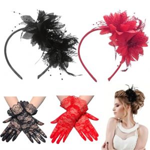 FOSDICK 2 Pcs Fascinator Chapeau Plume Mariage et 2 Paires Gants Dentelle, Chapeau Fascinator Femme, Fascinators Bandeau Plumes, Dames Day Bandeau pour Cocktail Tea Party Mariage (Noir,Rouge) (FOSDICK, neuf)