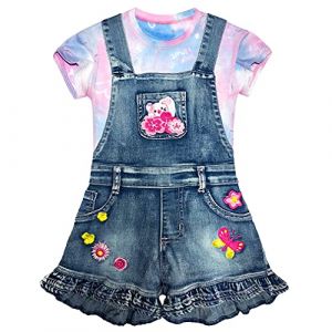 Peacolate 2-6 Ans Été Fille Ensemble de Vêtements 2Pcs Tenue Décontractée T-shirt à Manches et Jean Shots Salopette Courte(coeur, 6 ans) (LittleWish, neuf)