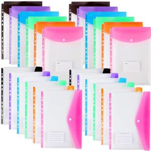 Lot de 24 pochettes perfor&eacute;es en plastique A4, 11 trous, extensibles pour classeurs &agrave; 2/3/4 anneaux avec bouton pression et &eacute;tiquette, feuilles mobiles transparentes pour bureau, &eacute;cole, maison (T12 (JoyMaxJoy Direct, neuf)