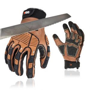 Vgo... Gants travail en cuir sécurité, mécanicien, doublure anti-coupure HPPE, protection des mains, EN388 niveau 5, ANSI A3(CA7722CT,Marron,M,1Paire) (VGO GLOVES, neuf)